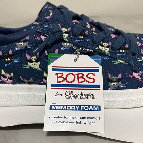 NWT BOBS from Skechers Windy Kitty Cat Print Sneakers Navy Blue Memory Foam 7.5 - Picture 8 of 14